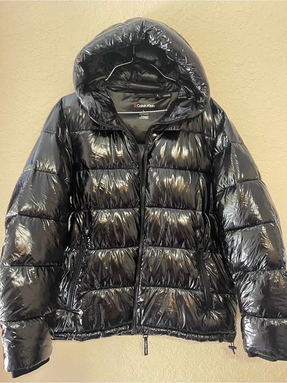 Calvin Klein Wet Look Puffer Jacket Coat Hooded Black Shiny Mens Size L Great.